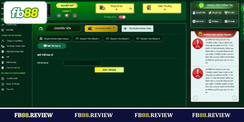 Giao dịch tại FB88 bằng mã thẻ đại lý