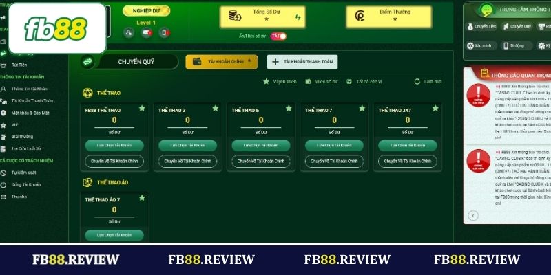 Truy cập vào FB88 -> Chuyển quỹ
